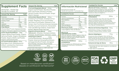 Super Greens Polvo Superfoods con Probióticos, Antioxidantes, Fibras y Enzimas para preparar malteadas sin Azúcares ni Gluten 60 Servicios
