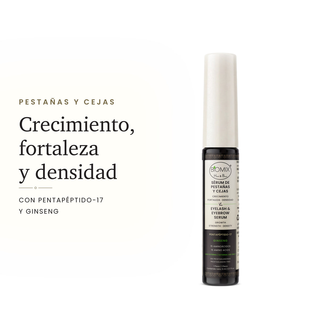 Sérum de pestañas y cejas: crecimiento, fortaleza y densidad con pentapéptido-17 y ginseng