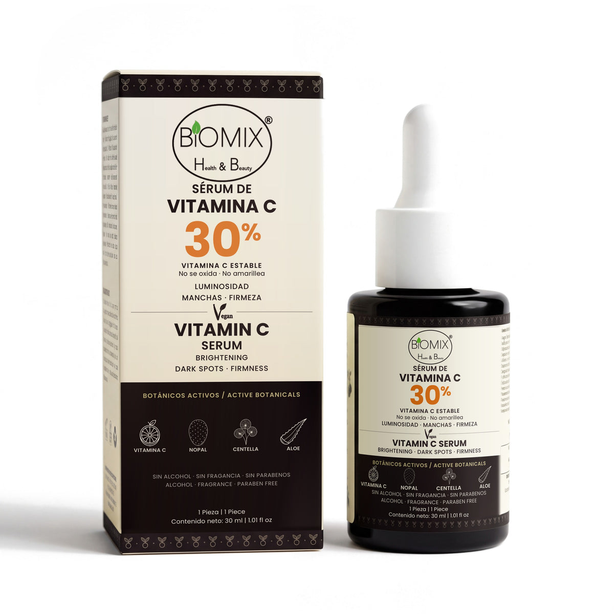 Sérum de Vitamina C 30% Biomix 30 ml: caja y frasco con gotero