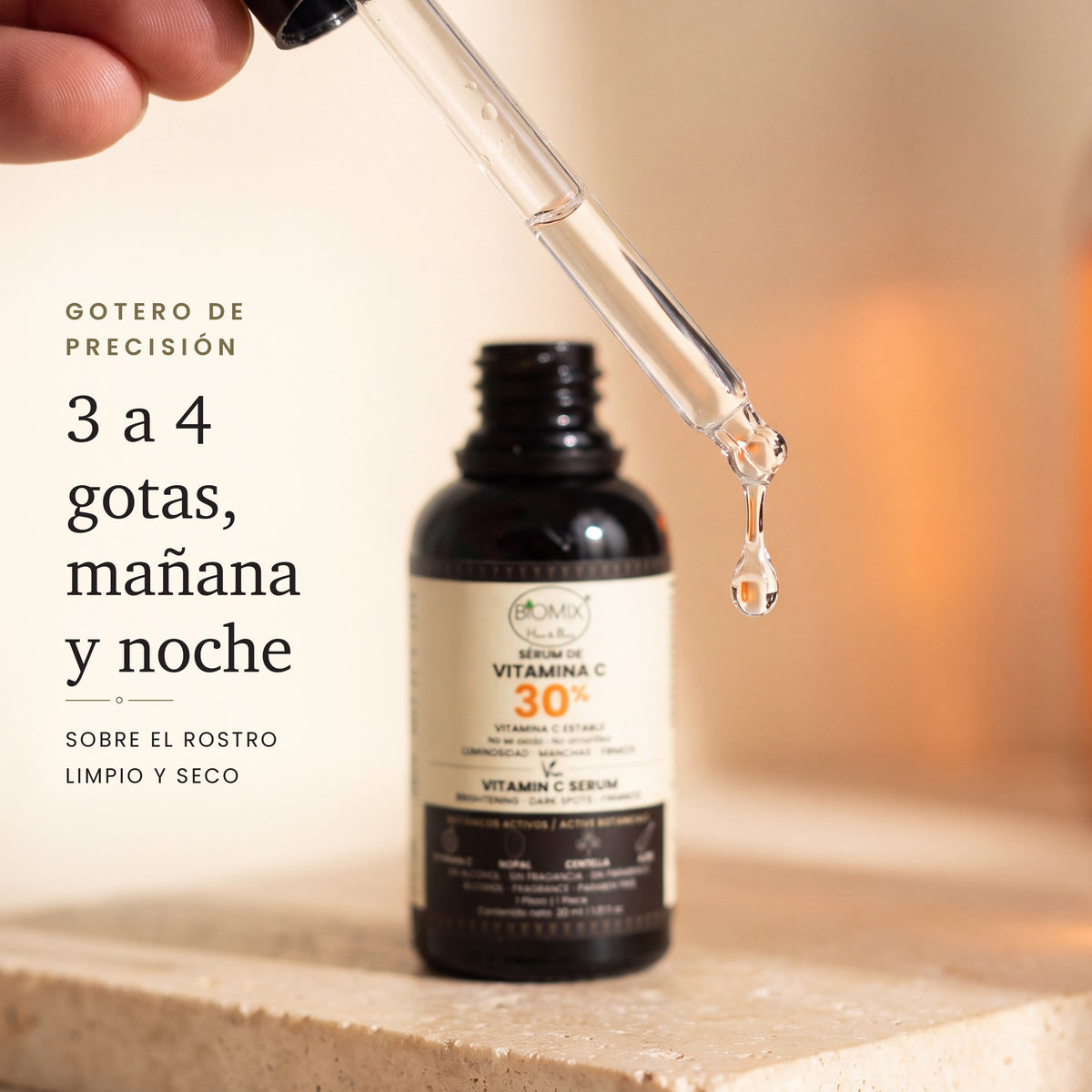 Gotero de precisión: 3 a 4 gotas, mañana y noche