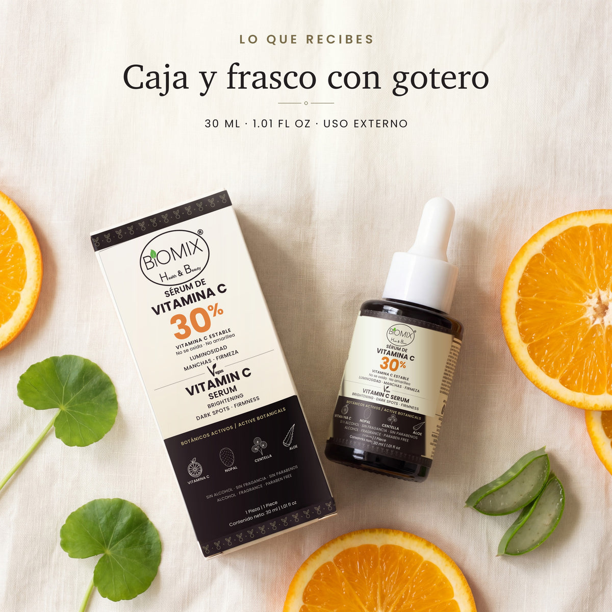 Lo que recibes: caja y frasco con gotero
