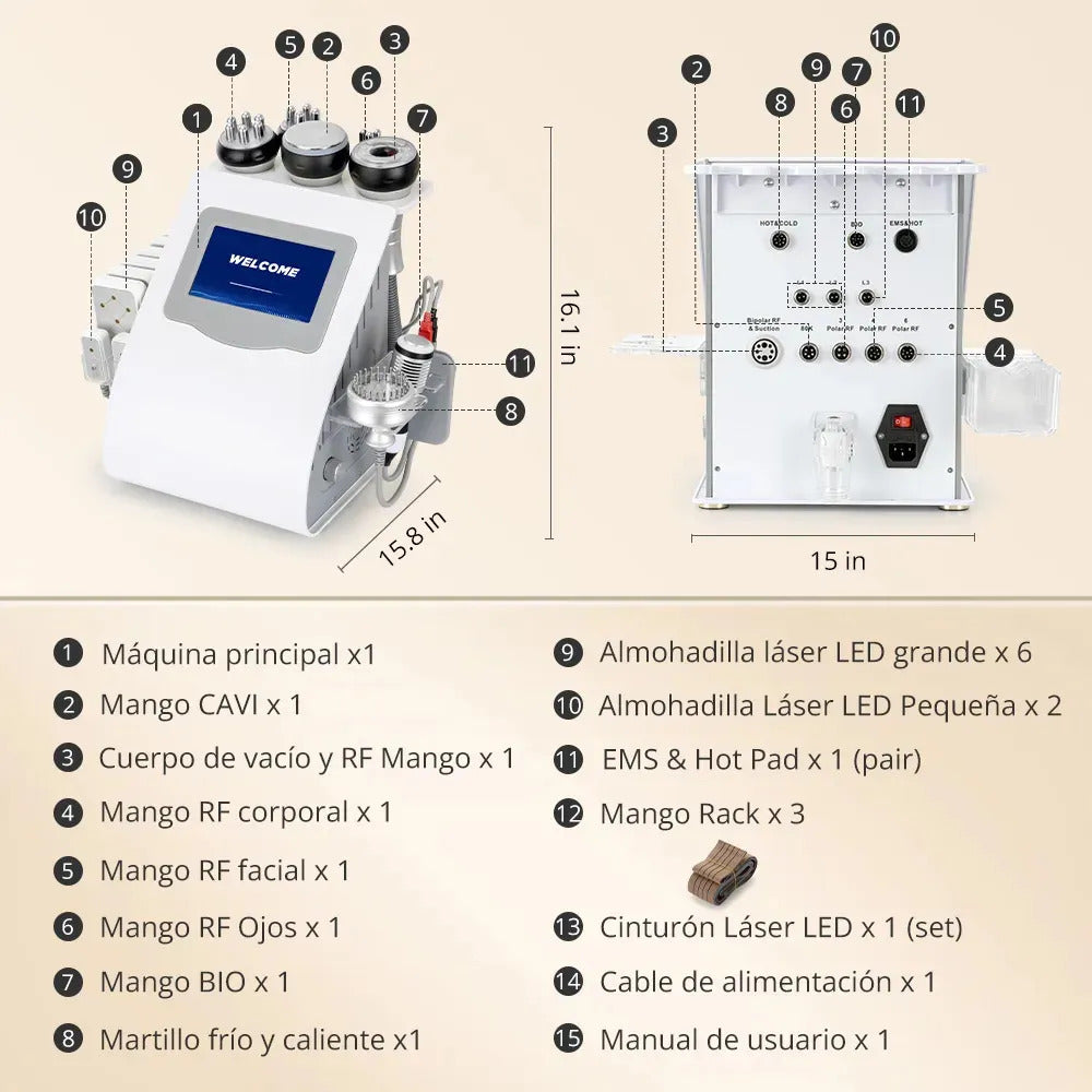 Radiofrecuencia Pro 10 Funciones En 1, Cavitación 40k, Vacuum, Lipoláser, Ems, Frío/calor, Bio Led, Microcoriente