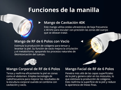 Multifuncional Radiofrecuencia Pro 9 en 1 Cavitación 40K, RF Frío/Calor, BIO+LED, Vacuum, Lipo Láser, Lifting Facial y Corporal