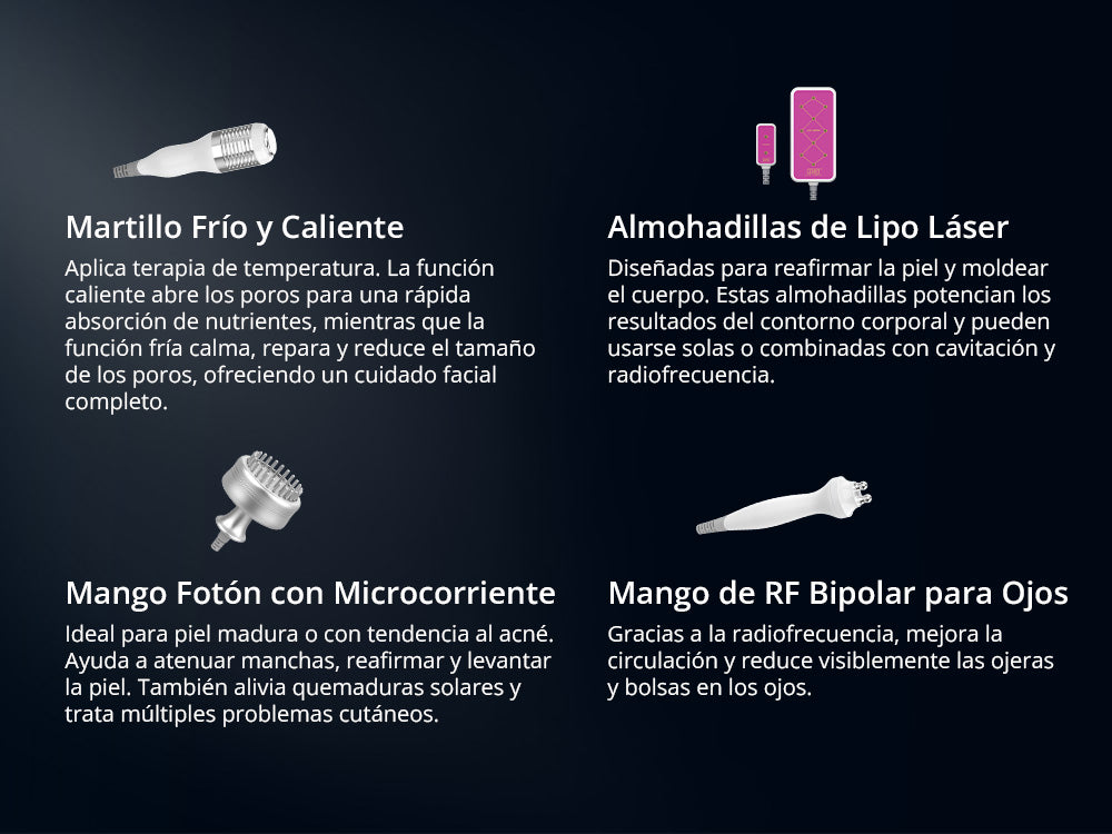 Multifuncional Radiofrecuencia Pro 9 en 1 Cavitación 40K, RF Frío/Calor, BIO+LED, Vacuum, Lipo Láser, Lifting Facial y Corporal