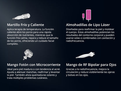 Multifuncional Radiofrecuencia Pro 9 en 1 Cavitación 40K, RF Frío/Calor, BIO+LED, Vacuum, Lipo Láser, Lifting Facial y Corporal