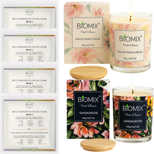 Set Spa Premium 2 Velas con Aceites Esenciales de Sándalo y Pera Fresia + 4 Mascarillas 15 en 1 con Células Madre, Colágeno, Argán y Ceramidas | Vegano