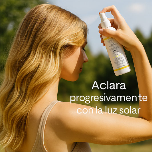 Spray Aclarante  Vegano para Cabello con Manzanilla, Limón, Argán, Q1O, Ceramida, Colágeno vegetal 240 Ml