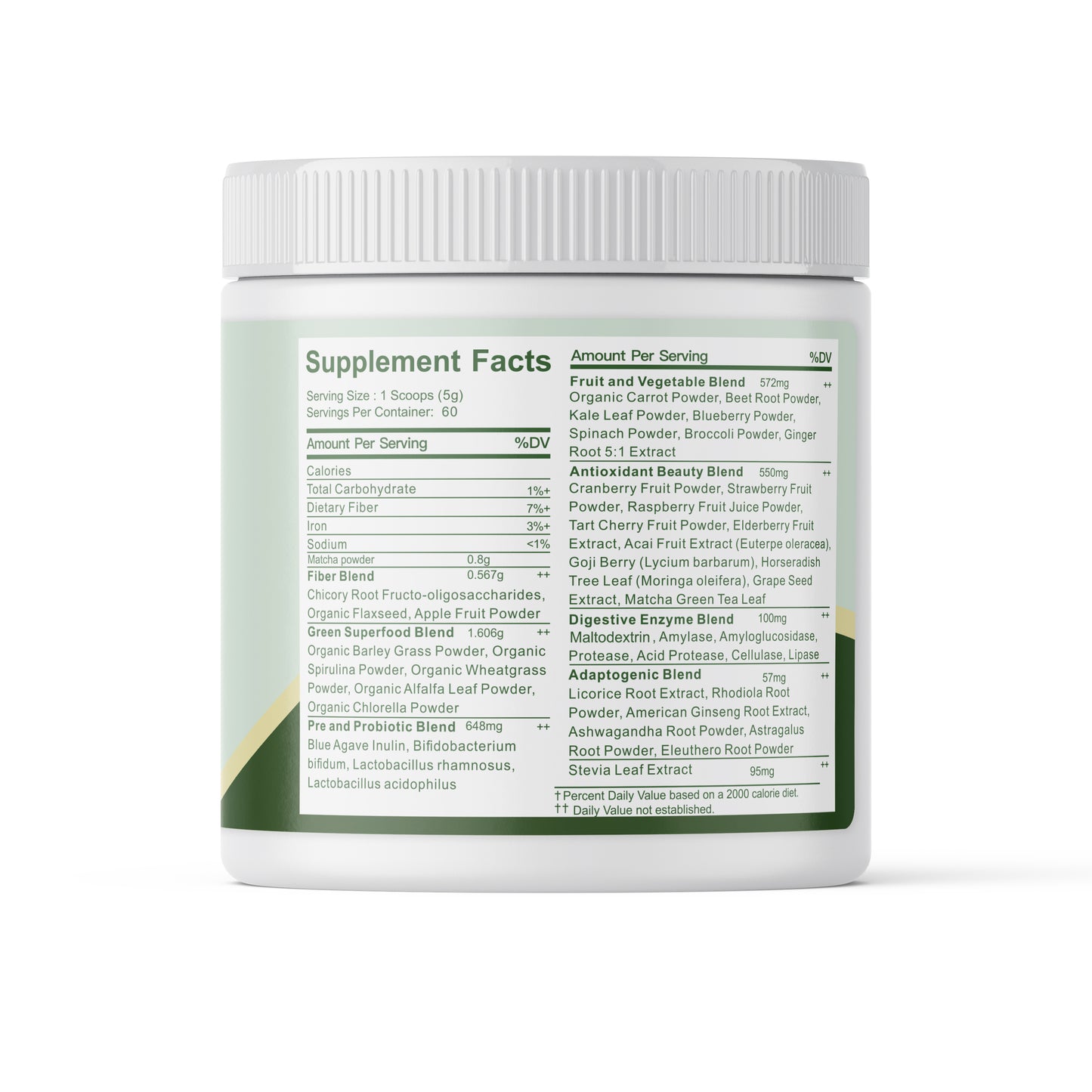 Super Greens Polvo Superfoods con Probióticos, Antioxidantes, Fibras y Enzimas para preparar malteadas sin Azúcares ni Gluten 60 Servicios
