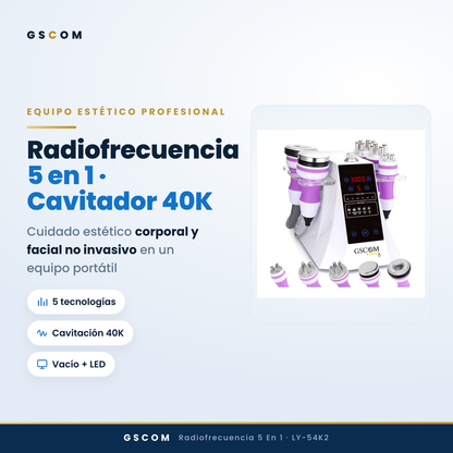 Multifuncional Portátil de 5 en 1 con Cavitación 2.5 de 40K, Radiofrecuencia Facial y Corporal, Vacuum RF, LED y Terapia de Succión para SPA en Casa o Cabina