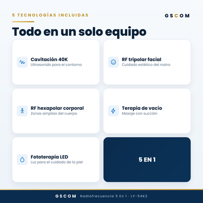 Multifuncional Portátil de 5 en 1 con Cavitación 2.5 de 40K, Radiofrecuencia Facial y Corporal, Vacuum RF, LED y Terapia de Succión para SPA en Casa o Cabina