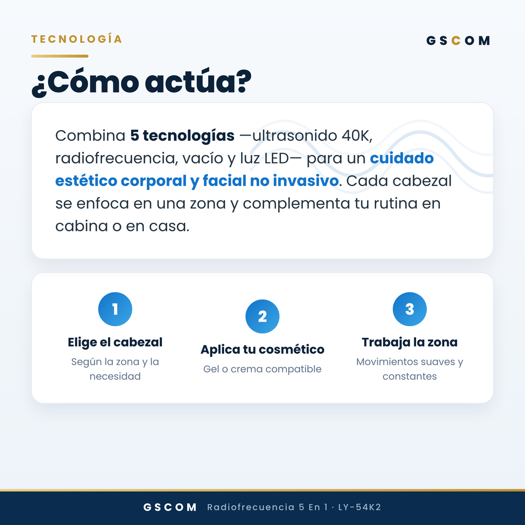 Multifuncional Portátil de 5 en 1 con Cavitación 2.5 de 40K, Radiofrecuencia Facial y Corporal, Vacuum RF, LED y Terapia de Succión para SPA en Casa o Cabina