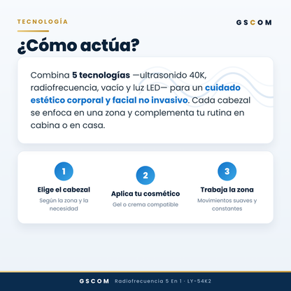 Multifuncional Portátil de 5 en 1 con Cavitación 2.5 de 40K, Radiofrecuencia Facial y Corporal, Vacuum RF, LED y Terapia de Succión para SPA en Casa o Cabina