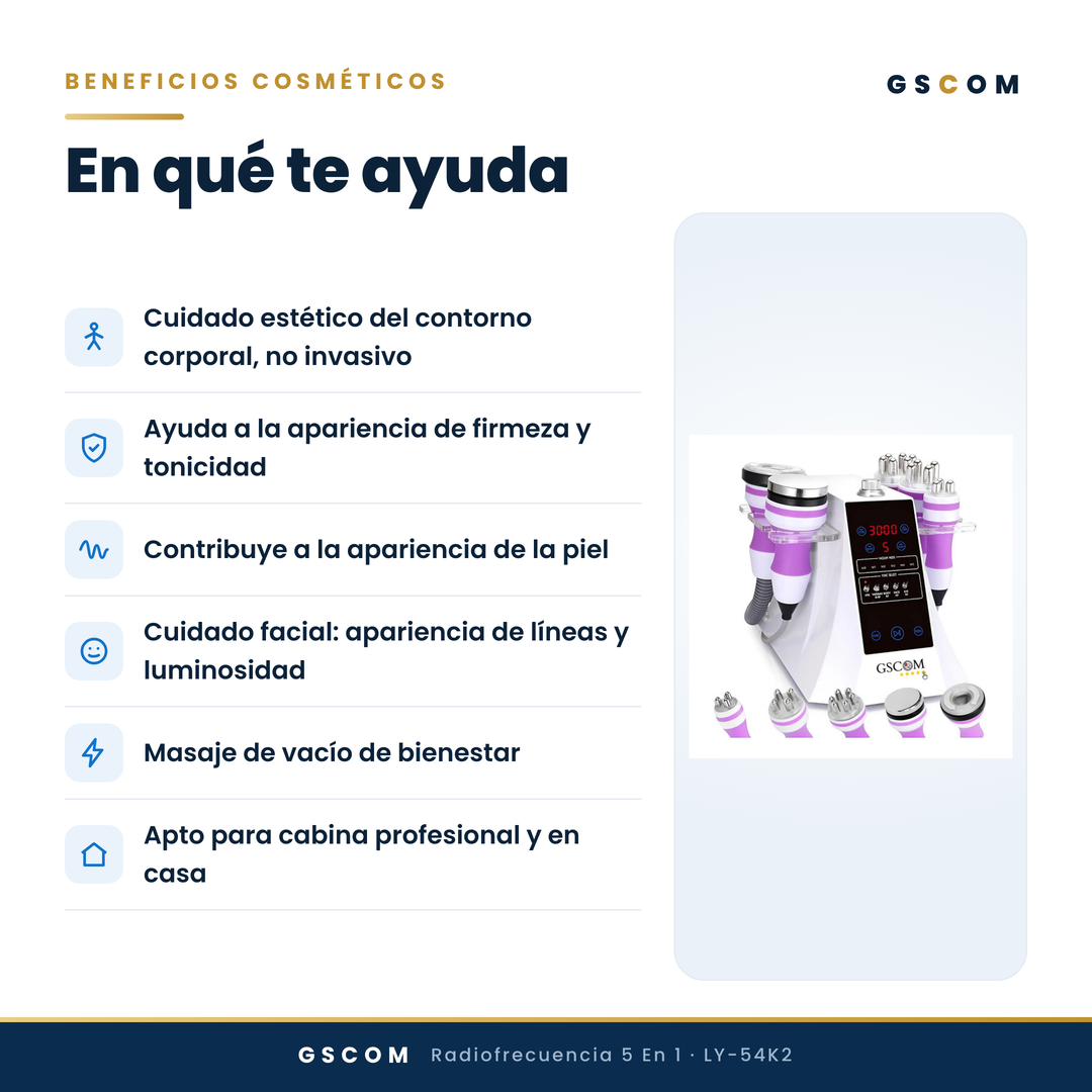 Multifuncional Portátil de 5 en 1 con Cavitación 2.5 de 40K, Radiofrecuencia Facial y Corporal, Vacuum RF, LED y Terapia de Succión para SPA en Casa o Cabina