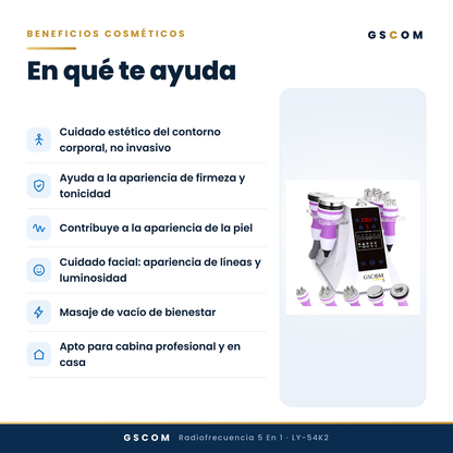 Multifuncional Portátil de 5 en 1 con Cavitación 2.5 de 40K, Radiofrecuencia Facial y Corporal, Vacuum RF, LED y Terapia de Succión para SPA en Casa o Cabina