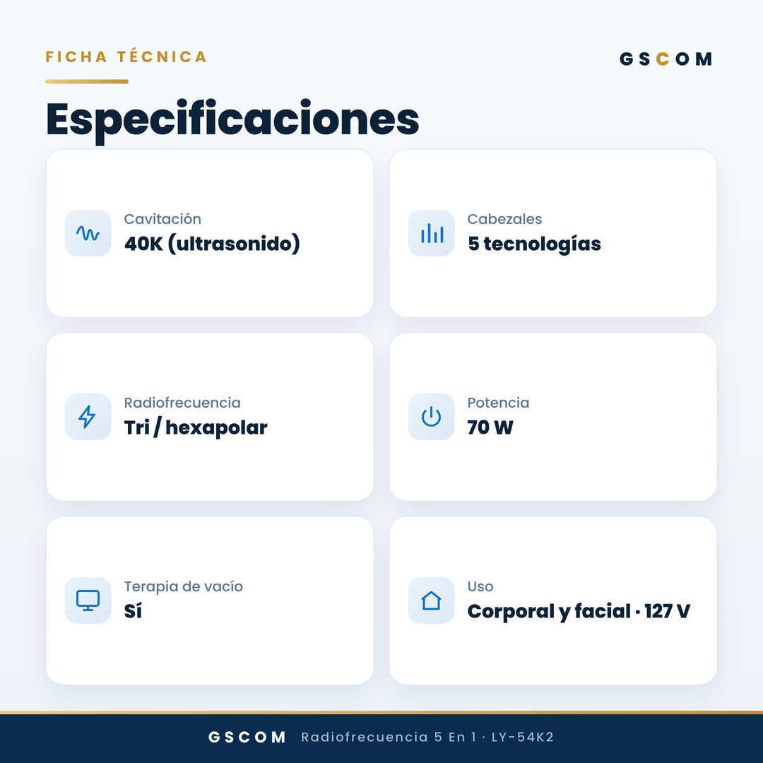 Multifuncional Portátil de 5 en 1 con Cavitación 2.5 de 40K, Radiofrecuencia Facial y Corporal, Vacuum RF, LED y Terapia de Succión para SPA en Casa o Cabina