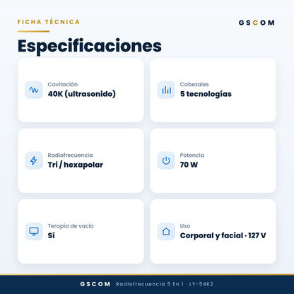 Multifuncional Portátil de 5 en 1 con Cavitación 2.5 de 40K, Radiofrecuencia Facial y Corporal, Vacuum RF, LED y Terapia de Succión para SPA en Casa o Cabina