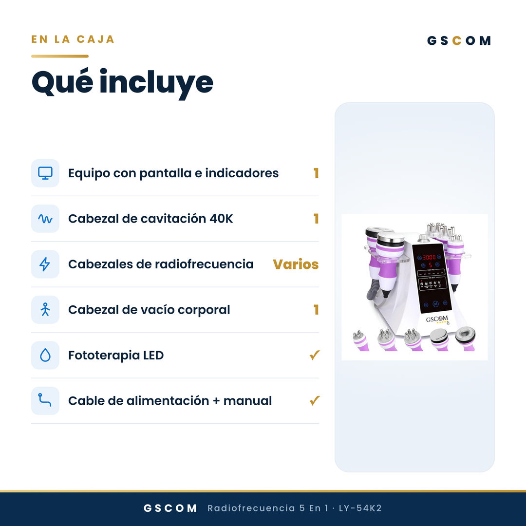 Multifuncional Portátil de 5 en 1 con Cavitación 2.5 de 40K, Radiofrecuencia Facial y Corporal, Vacuum RF, LED y Terapia de Succión para SPA en Casa o Cabina