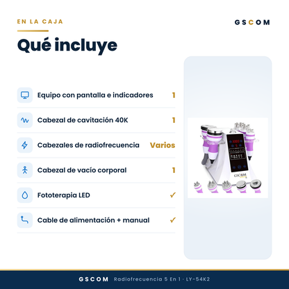 Multifuncional Portátil de 5 en 1 con Cavitación 2.5 de 40K, Radiofrecuencia Facial y Corporal, Vacuum RF, LED y Terapia de Succión para SPA en Casa o Cabina