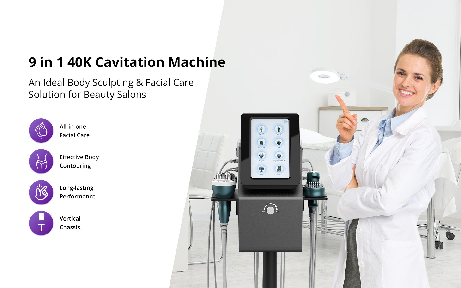 Multifuncional Estético Profesional 9 en 1 para SPA con  Cavitación 40K Avanzada, Radiofrecuencia Facial, Corporal y Ocular, Vacuum RF, LipoLaser, Martillo Frío-Calor, BIO, Fototerapia LED y Microcorriente