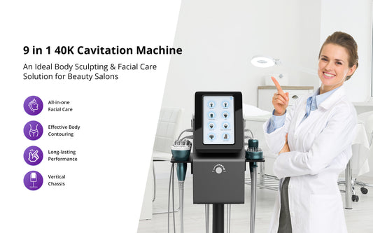 Multifuncional Estético Profesional 9 en 1 para SPA con  Cavitación 40K Avanzada, Radiofrecuencia Facial, Corporal y Ocular, Vacuum RF, LipoLaser, Martillo Frío-Calor, BIO, Fototerapia LED y Microcorriente