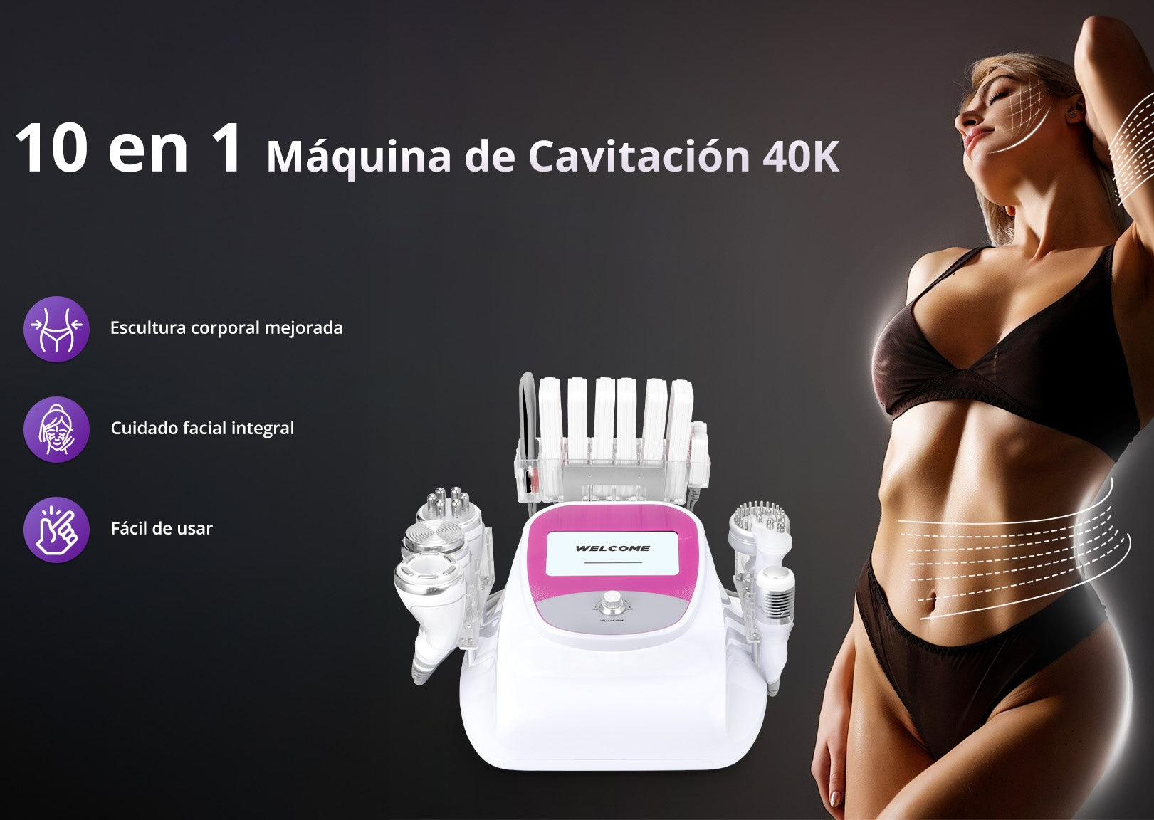Equipo Estético 10 en 1: Radiofrecuencia Facial y Corporal, Cavitación 40K, Lipo Láser, Vacum RF, EMS, Martillo Frío/Calor, BIO y LED