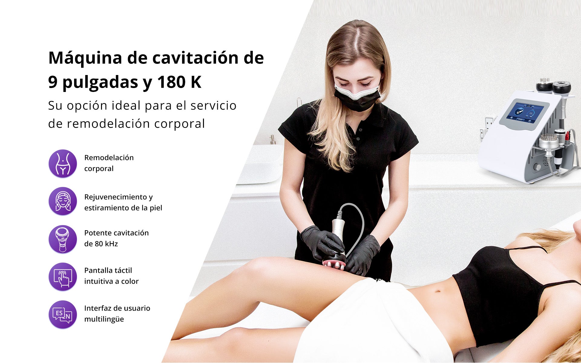 Equipo Estético Profesional de Radiofrecuencia 9 en 1 con Cavitación 80K, Vacum, Lipo Láser, RF Corporal y Facial, EMS LED, Martillo Frío/Calor, BIO y Ojos