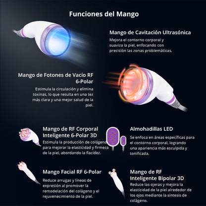 Equipo Radiofrecuencia 6 en 1 Cavitación 40K Pro 2.0, RF Facial/Corporal, Vacuum, Lipo Láser y Rejuvenecimiento Completo