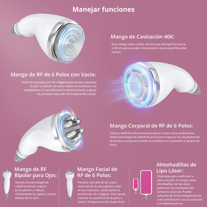 Multifuncional Radifrecuencia Pro 6 en 1 Cavitación 40K, RF Facial/Corporal, Vacuum, Lipo Láser y Lifting Ojos | Reafirma, Moldea y Rejuvenece
