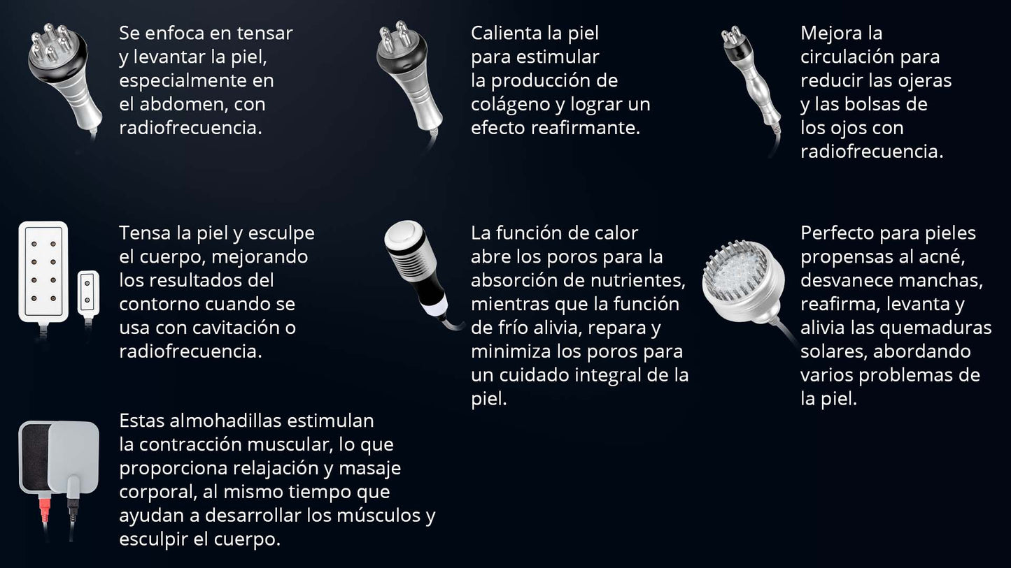 Equipo Estético Profesional de Radiofrecuencia 9 en 1 con Cavitación 80K, Vacum, Lipo Láser, RF Corporal y Facial, EMS LED, Martillo Frío/Calor, BIO y Ojos