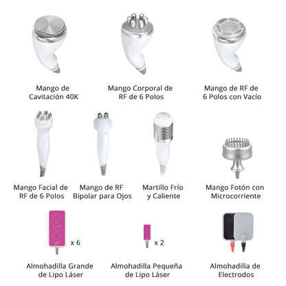 Equipo Estético 10 en 1: Radiofrecuencia Facial y Corporal, Cavitación 40K, Lipo Láser, Vacum RF, EMS, Martillo Frío/Calor, BIO y LED