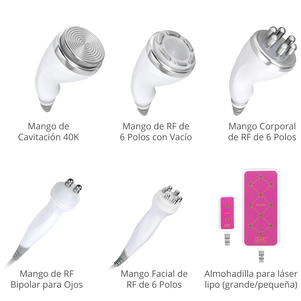 Multifuncional Radifrecuencia Pro 6 en 1 Cavitación 40K, RF Facial/Corporal, Vacuum, Lipo Láser y Lifting Ojos | Reafirma, Moldea y Rejuvenece