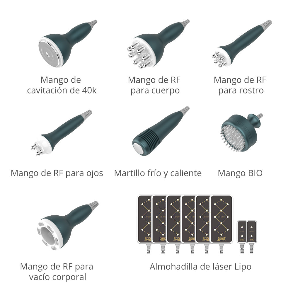 Multifuncional Estético Profesional 9 en 1 para SPA con  Cavitación 40K Avanzada, Radiofrecuencia Facial, Corporal y Ocular, Vacuum RF, LipoLaser, Martillo Frío-Calor, BIO, Fototerapia LED y Microcorriente