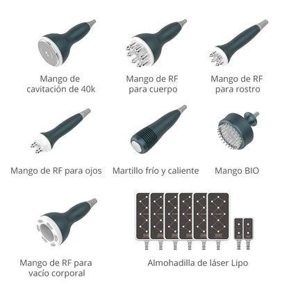 Multifuncional Estético Profesional 9 en 1 para SPA con  Cavitación 40K Avanzada, Radiofrecuencia Facial, Corporal y Ocular, Vacuum RF, LipoLaser, Martillo Frío-Calor, BIO, Fototerapia LED y Microcorriente