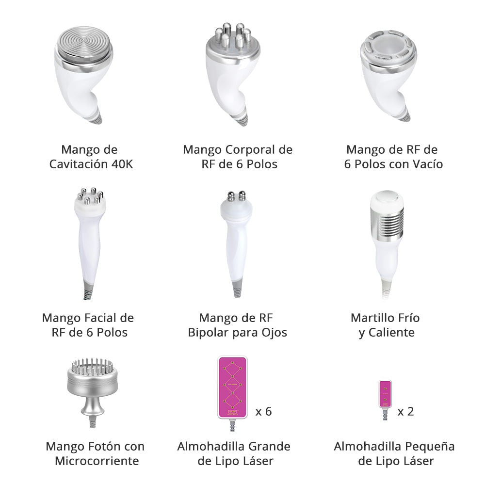 Multifuncional Radiofrecuencia Pro 9 en 1 Cavitación 40K, RF Frío/Calor, BIO+LED, Vacuum, Lipo Láser, Lifting Facial y Corporal