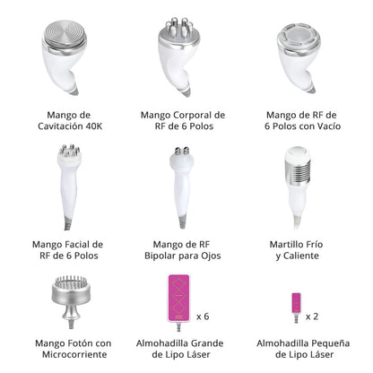 Multifuncional Radiofrecuencia Pro 9 en 1 Cavitación 40K, RF Frío/Calor, BIO+LED, Vacuum, Lipo Láser, Lifting Facial y Corporal