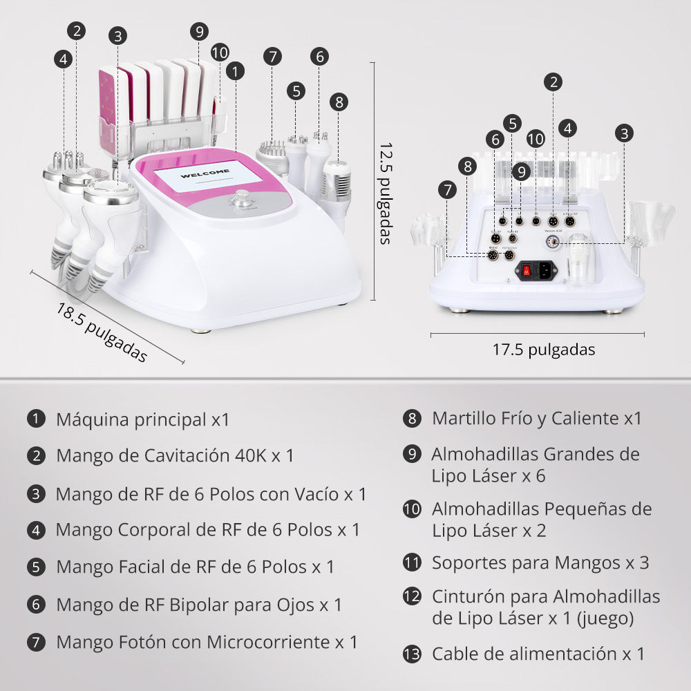 Multifuncional Radiofrecuencia Pro 9 en 1 Cavitación 40K, RF Frío/Calor, BIO+LED, Vacuum, Lipo Láser, Lifting Facial y Corporal