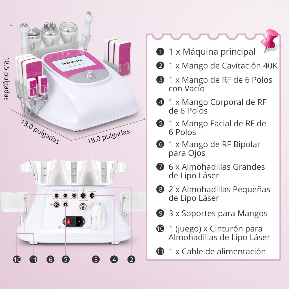 Multifuncional Radifrecuencia Pro 6 en 1 Cavitación 40K, RF Facial/Corporal, Vacuum, Lipo Láser y Lifting Ojos | Reafirma, Moldea y Rejuvenece