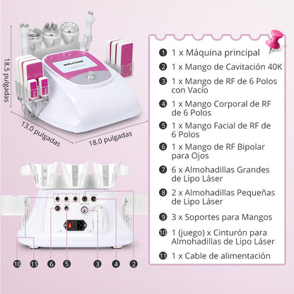 Multifuncional Radifrecuencia Pro 6 en 1 Cavitación 40K, RF Facial/Corporal, Vacuum, Lipo Láser y Lifting Ojos | Reafirma, Moldea y Rejuvenece