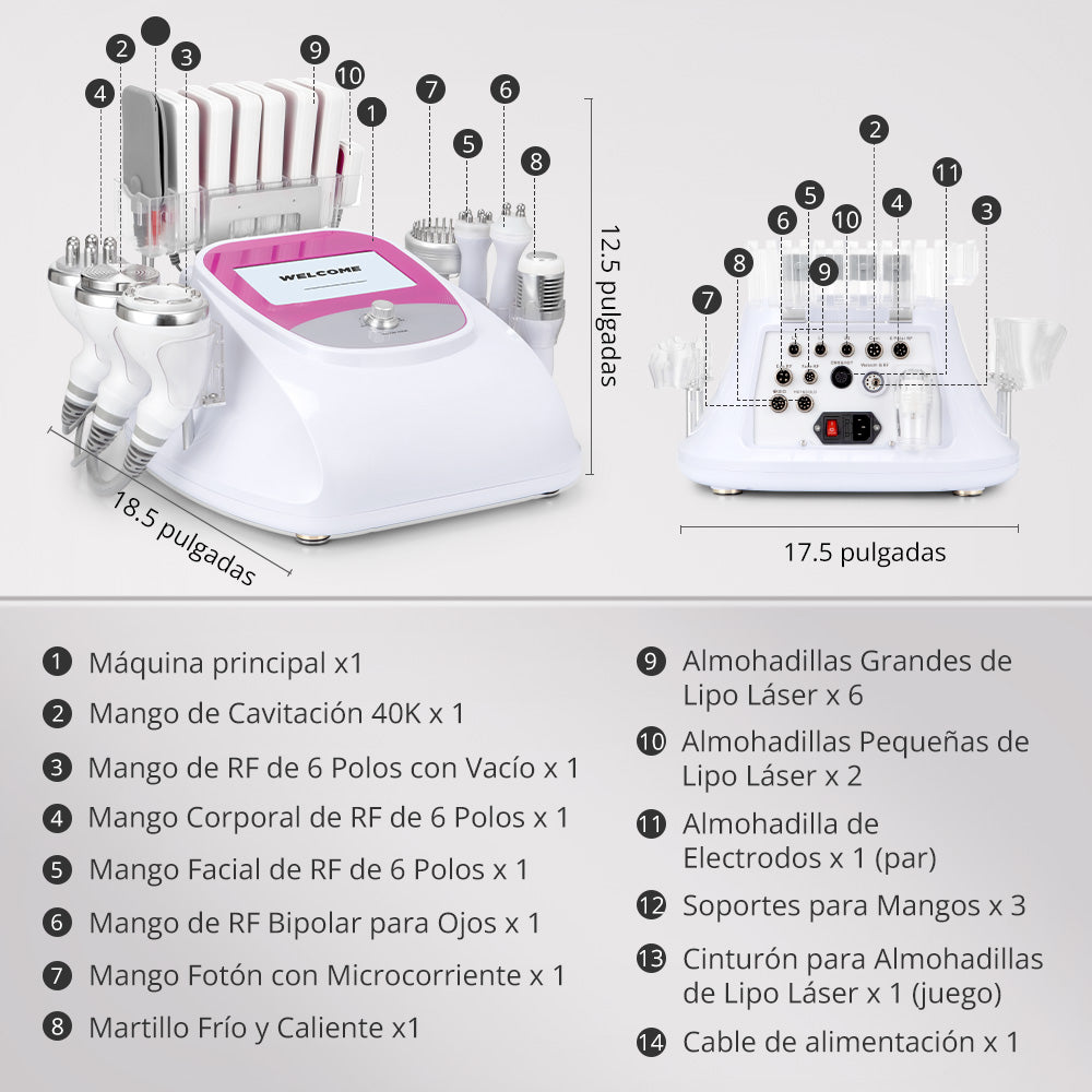 Equipo Estético 10 en 1: Radiofrecuencia Facial y Corporal, Cavitación 40K, Lipo Láser, Vacum RF, EMS, Martillo Frío/Calor, BIO y LED