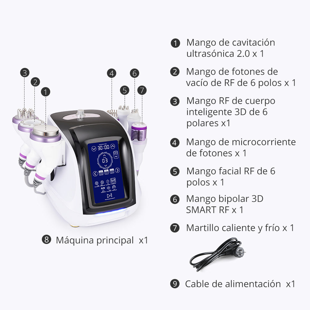 Multifuncional Estética Profesional 8 en 1 con  Cavitación Avanzada 2.5 de 40K, Radiofrecuencia RF, Vacío con LED, Lifting Facial y Corporal