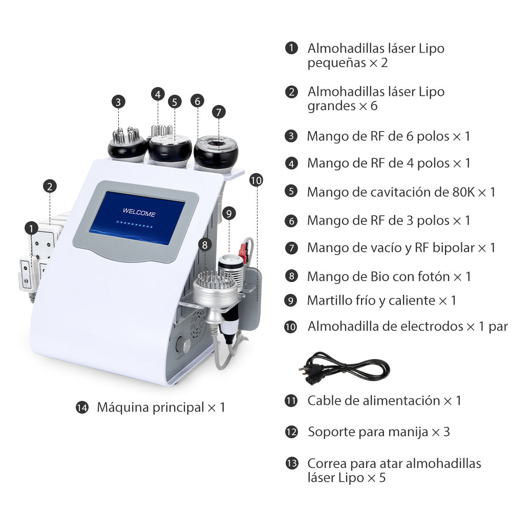 Equipo Estético Profesional de Radiofrecuencia 9 en 1 con Cavitación 80K, Vacum, Lipo Láser, RF Corporal y Facial, EMS LED, Martillo Frío/Calor, BIO y Ojos