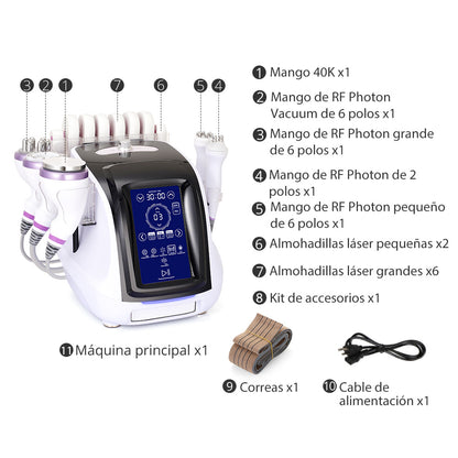 Equipo Radiofrecuencia 6 en 1 Cavitación 40K Pro 2.0, RF Facial/Corporal, Vacuum, Lipo Láser y Rejuvenecimiento Completo