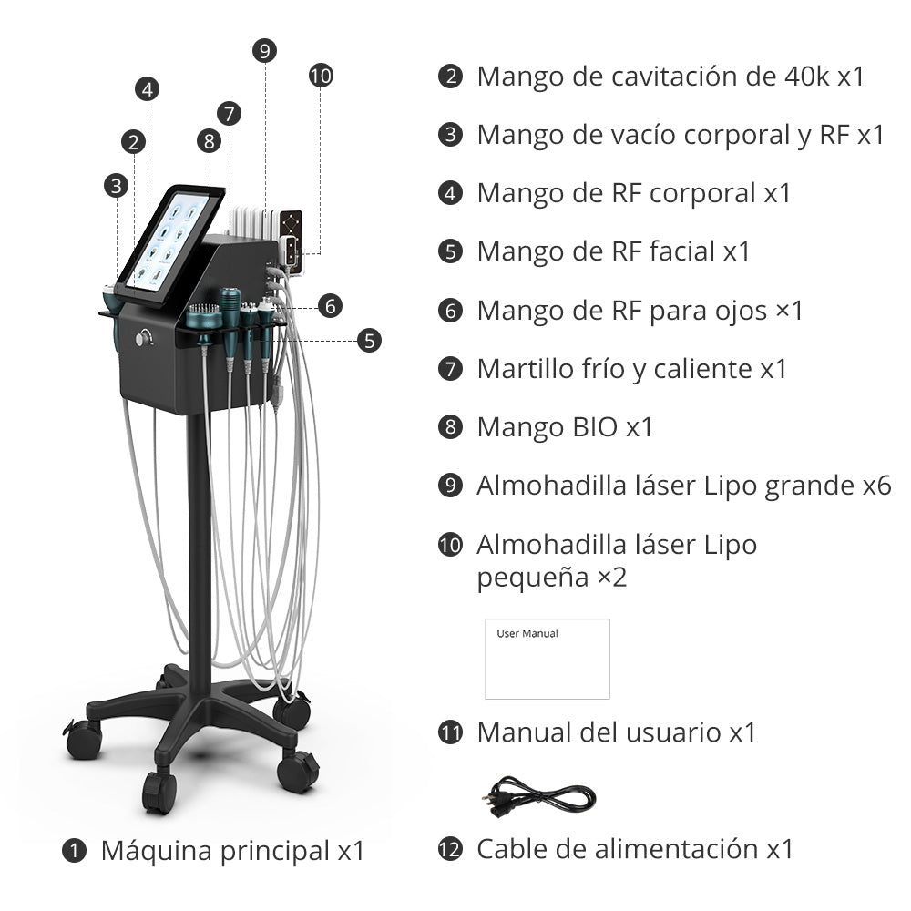 Multifuncional Estético Profesional 9 en 1 para SPA con  Cavitación 40K Avanzada, Radiofrecuencia Facial, Corporal y Ocular, Vacuum RF, LipoLaser, Martillo Frío-Calor, BIO, Fototerapia LED y Microcorriente