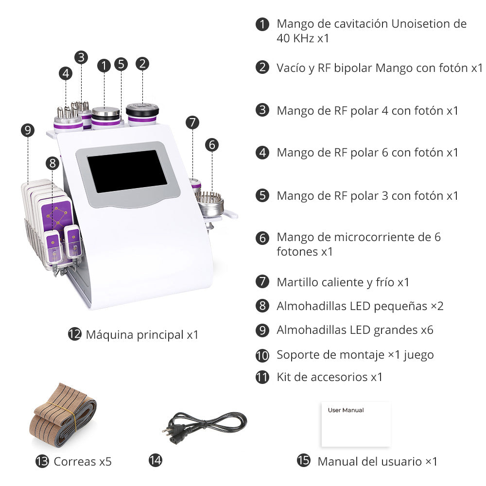 Equipo Multifuncional Radiofrecuencia 9 Funciones en 1 con Cavitación 2.0 Avanzada de 40K , Martillo, Vacum, Lipolaser 8 manerales Robustos