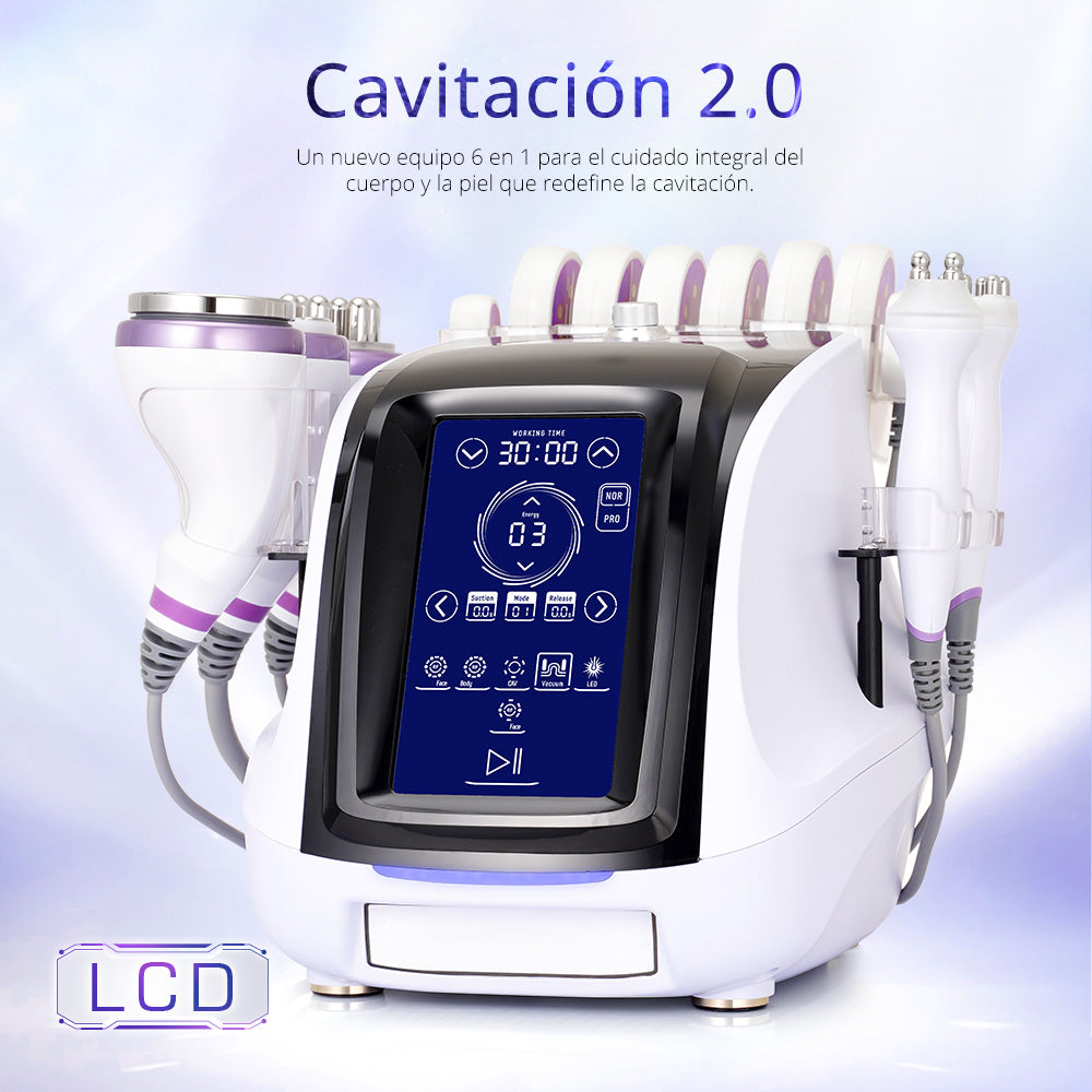 Equipo Radiofrecuencia 6 en 1 Cavitación 40K Pro 2.0, RF Facial/Corporal, Vacuum, Lipo Láser y Rejuvenecimiento Completo